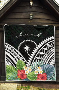 Chuuk Premium Quilt - Chuuk Coat of Arms & Polynesian Tropical Flowers White - Polynesian Pride