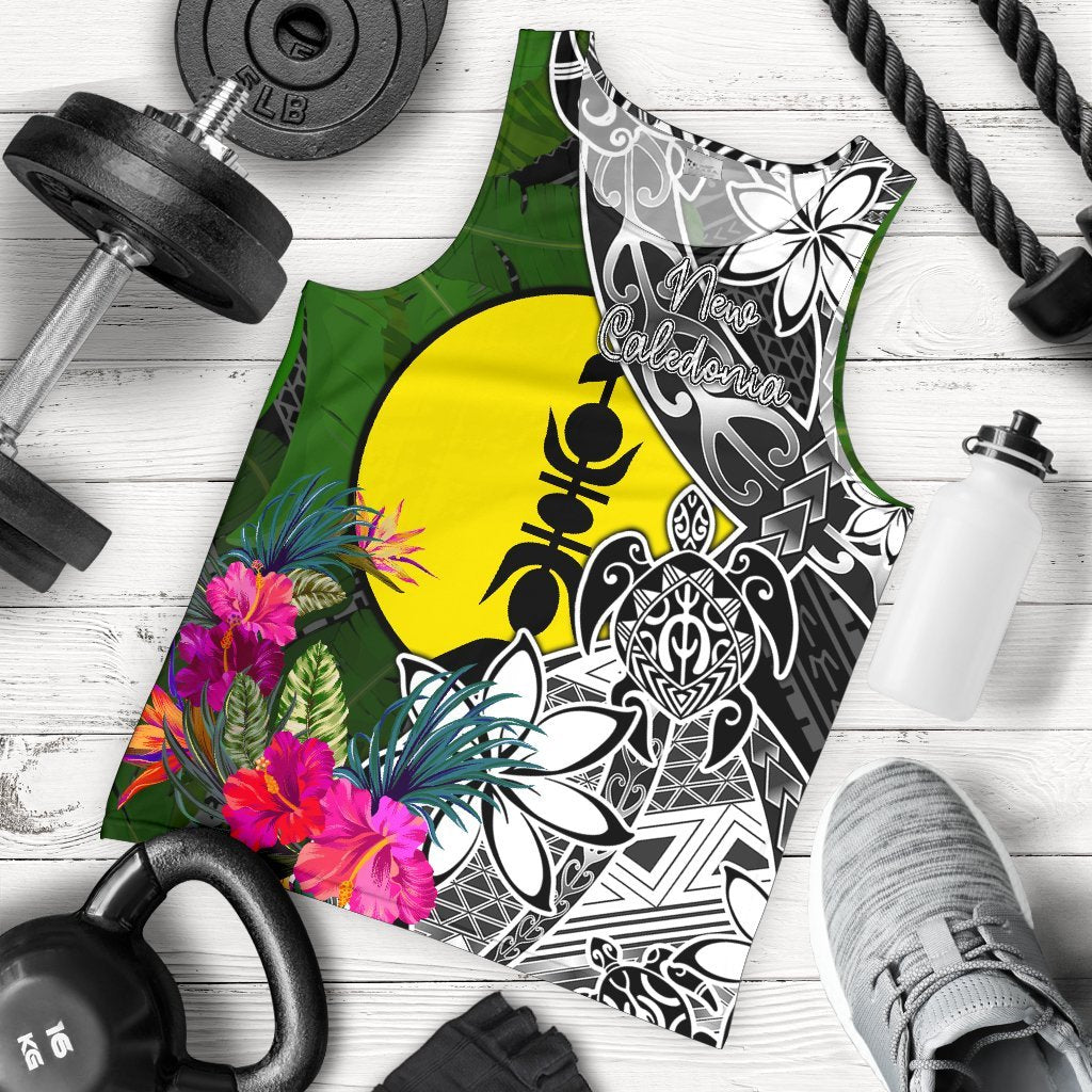 New Caledonia Men Tank Top - Turtle Plumeria Banana Leaf Black - Polynesian Pride