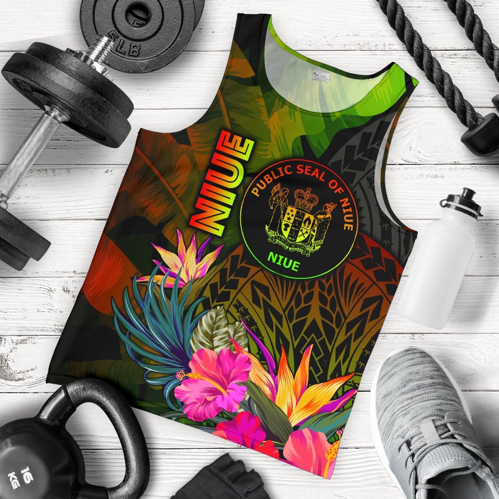 Niue Polynesian Men's Tank top - Hibiscus and Banana Leaves Reggae - Polynesian Pride