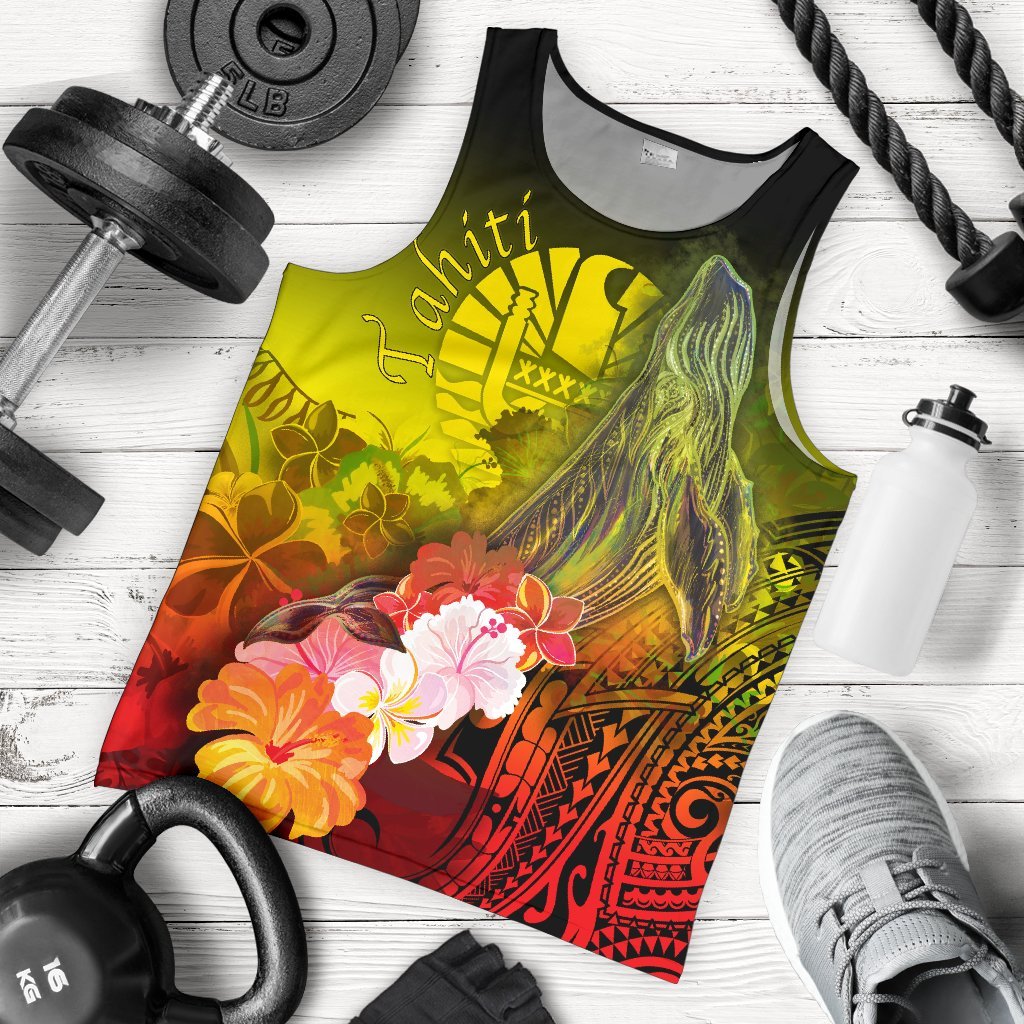 Tahiti Men's Tank Top - Humpback Whale with Tropical Flowers (Yellow) Yellow - Polynesian Pride