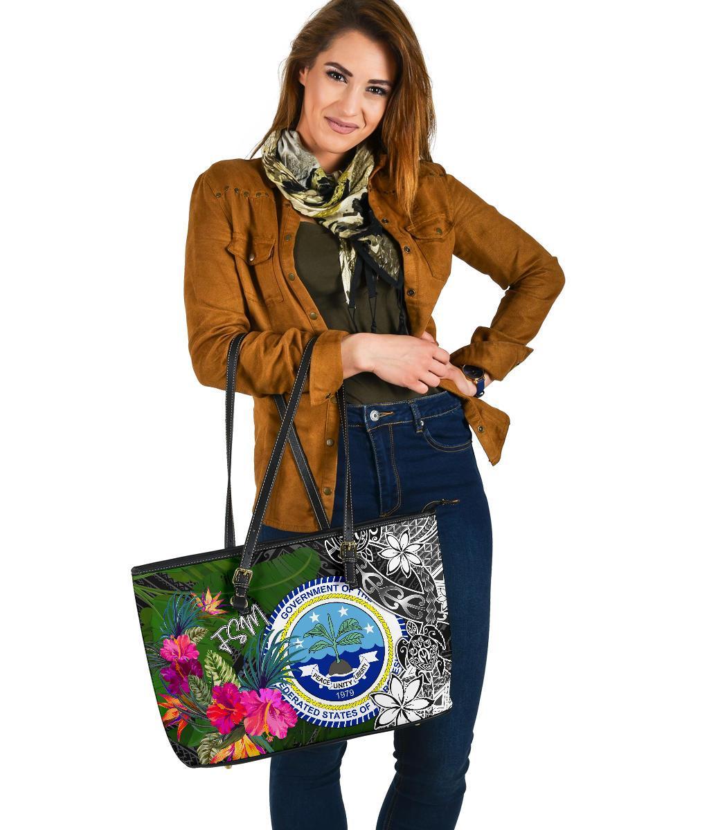 Federated States of Micronesia Large Leather Tote Bag - Turtle Plumeria Banana Leaf - Polynesian Pride