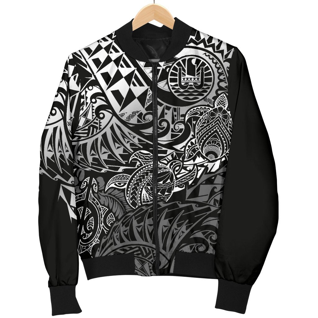 Tahiti Polynesian Men Bomber Jacket - White Turtle Hibiscus Flowing - Polynesian Pride