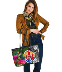 Tahiti Large Leather Tote Bag - Turtle Plumeria Banana Leaf - Polynesian Pride
