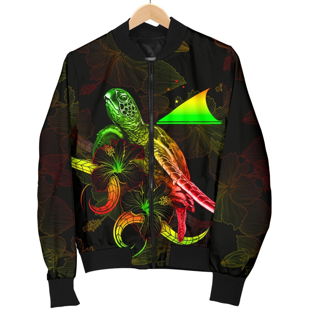 Tokelau Polynesian Men's Bomber Jacket - Turtle With Blooming Hibiscus Reggae - Polynesian Pride