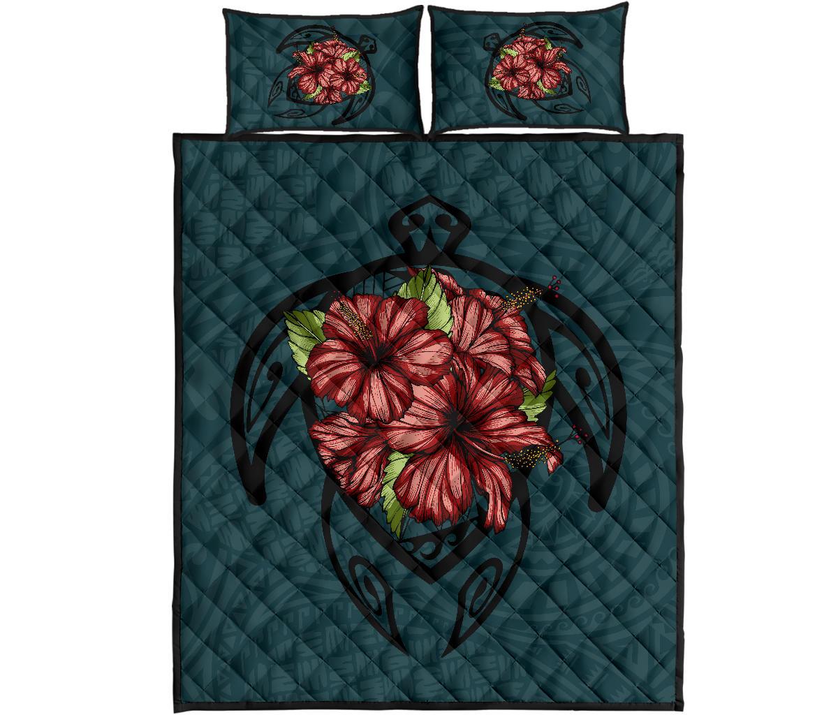 Hawaii Turtle Hibiscus Polynesian Quilt Bed Set Green - Polynesian Pride