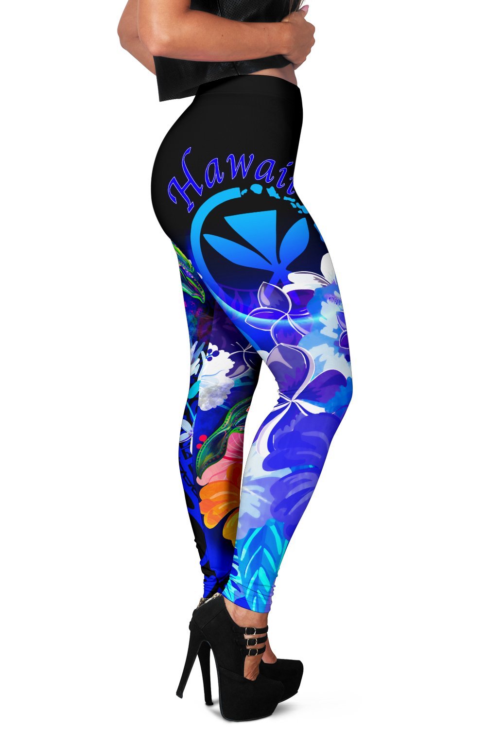Polynesian Hawaii Women's Leggings - Kanaka Maoli Humpback Whale with Tropical Flowers (Blue) - Polynesian Pride