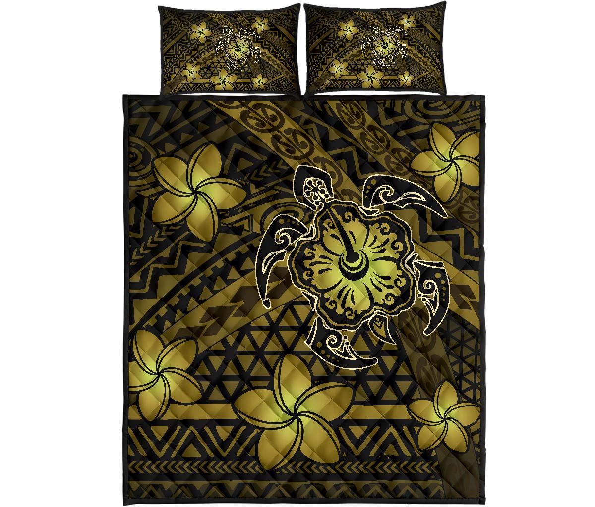 Hawaii Mix Polynesian Turtle Plumeria Quilt Bed Set - AH - Nick Style - Yellow Yellow - Polynesian Pride