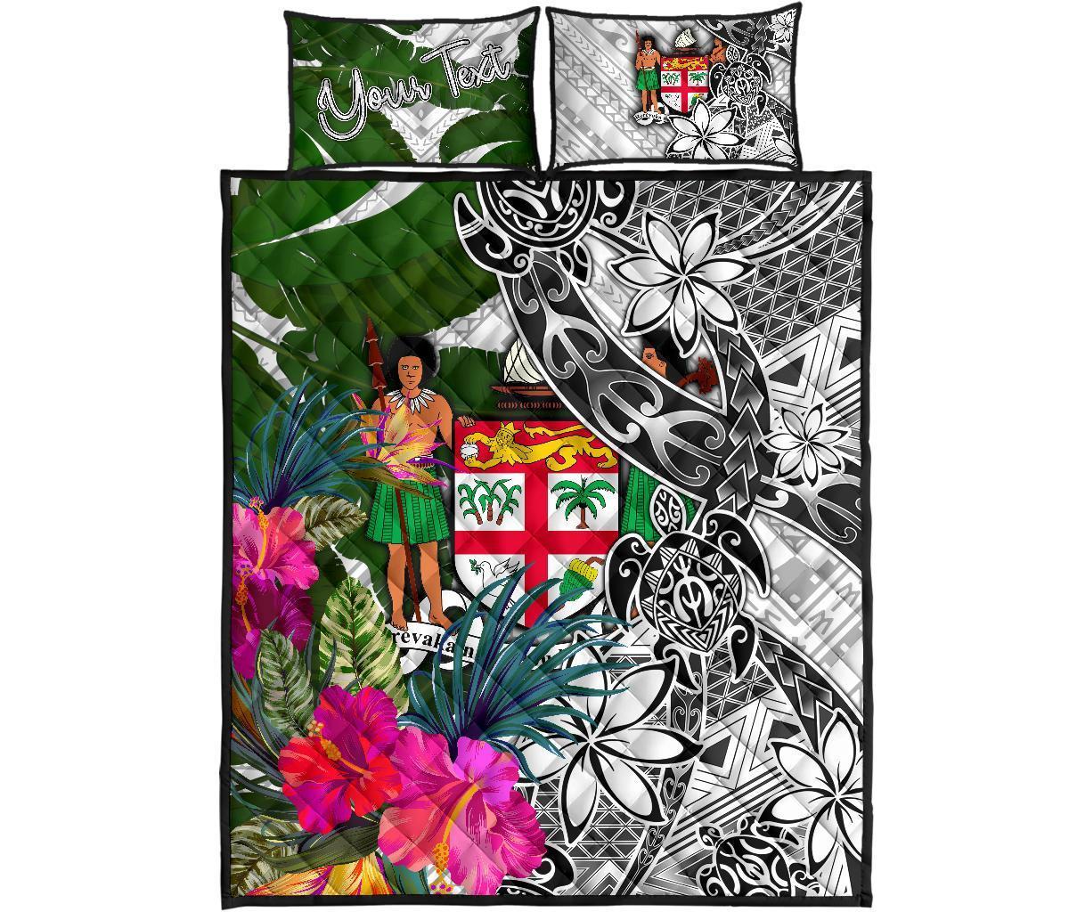 Fiji Custom Personalised Quilt Bet Set White - Turtle Plumeria Banana Leaf Crest - Polynesian Pride