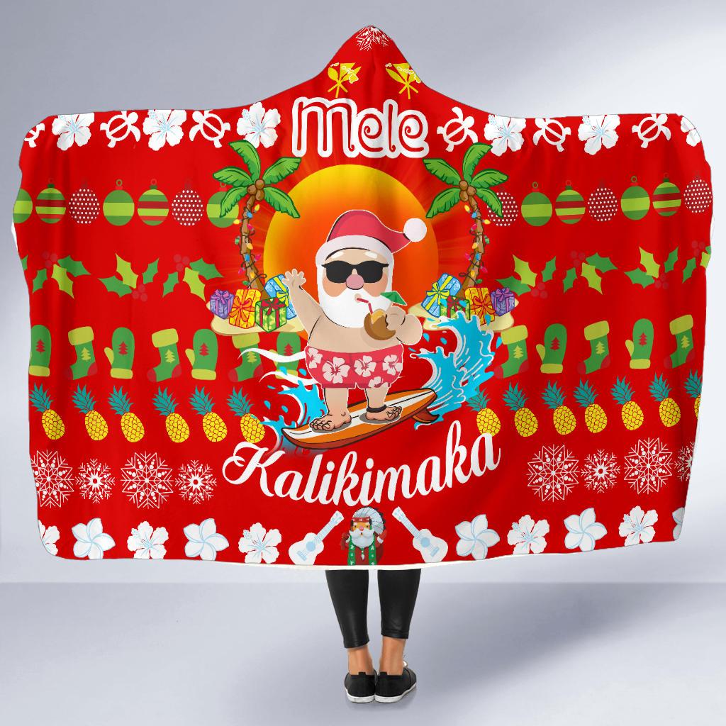 Hawaiian Mele Kalikimaka Santa Claus Pattern Christmas Hooded Blanket - Red - Labo Style - AH Hooded Blanket Red - Polynesian Pride