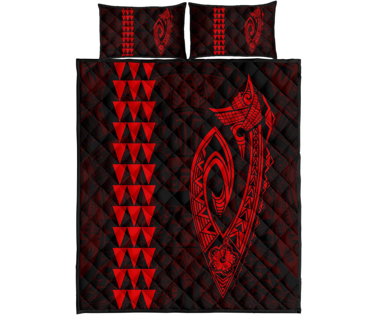 Hawaii Kakau Makau Fish Hook Polynesian Quilt Bed Set - Red Red - Polynesian Pride