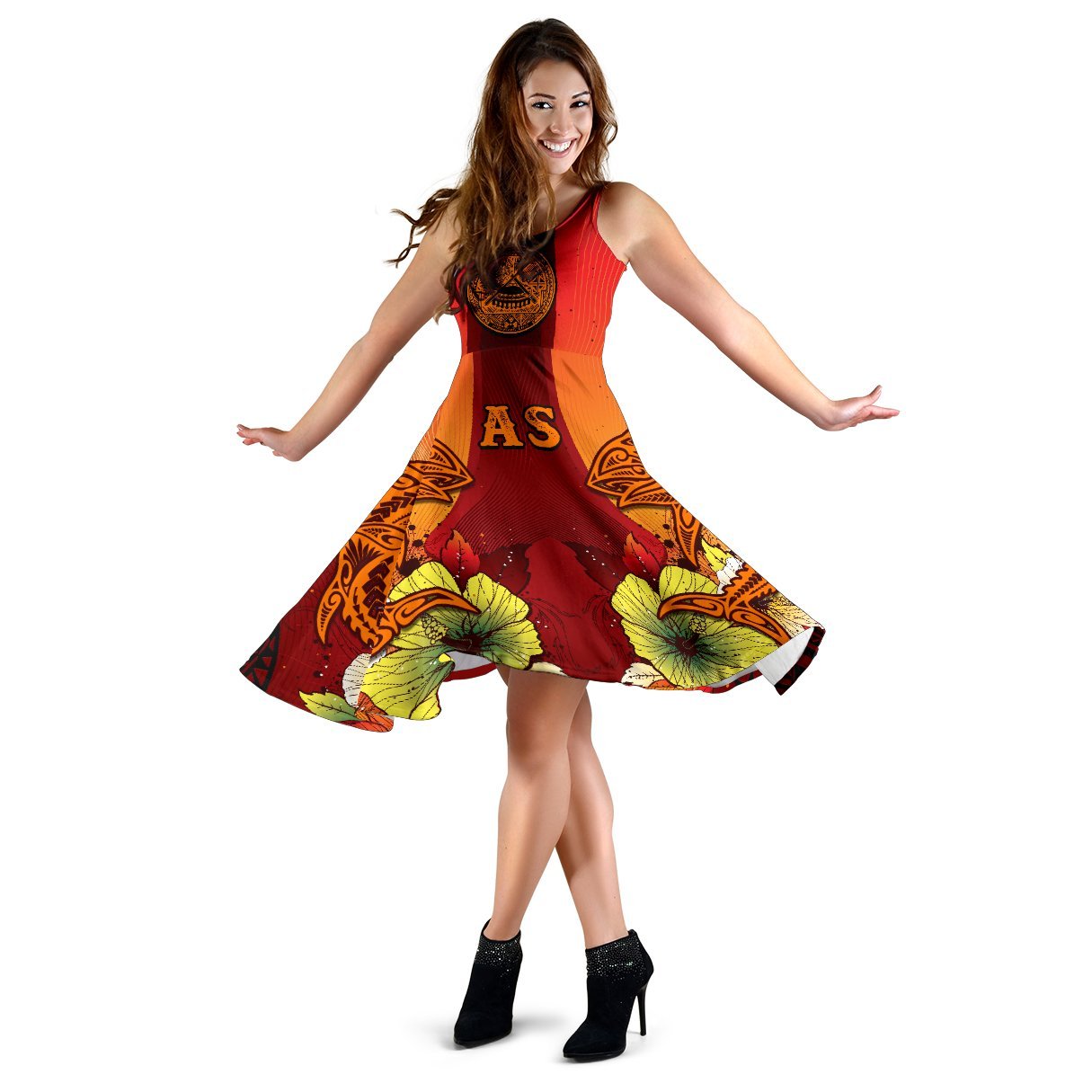 American Samoa Women's Dress - Tribal Tuna Fish Women Orange - Polynesian Pride