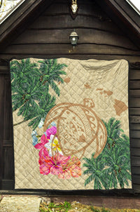 Hawaii Kanaka Maoli Polynesian Flowers Turtle Premium Quilt - Polynesian Pride