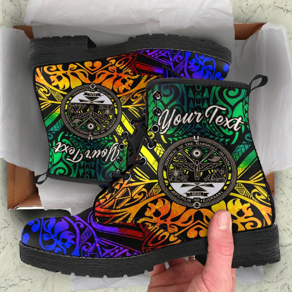 Marshall Islands Custom Personalised Leather Boots - Rainbow Polynesian Pattern Crest Rainbow - Polynesian Pride