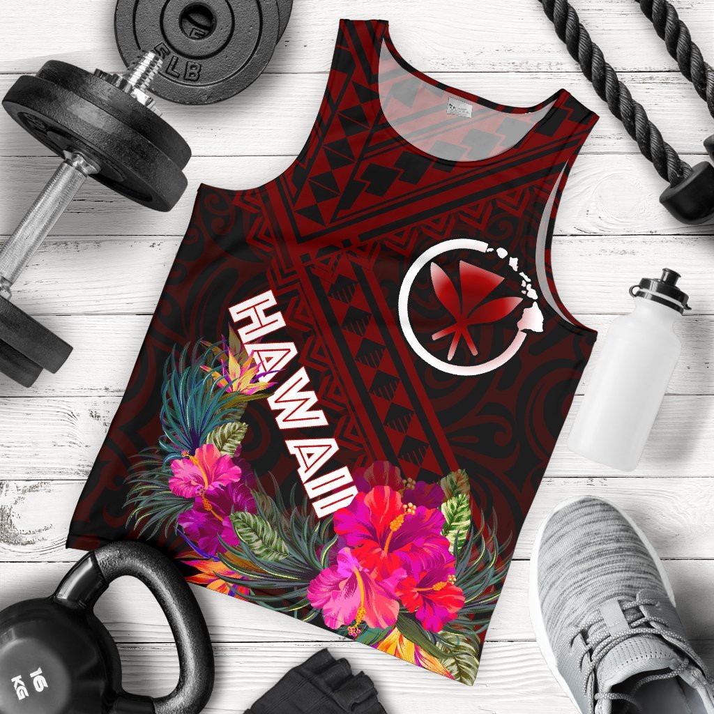 Hawaii Men's Tank Top - Kanaka Maoli With Hibiscus On Polynesian Patterns (RED) Red - Polynesian Pride