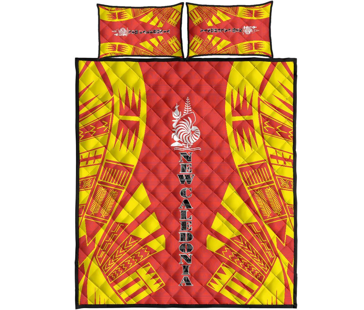 New Caledonia Quilt Bed Set - New Caledonia Coat Of Arms & Polynesian Yellow Tattoo Style Orange - Polynesian Pride