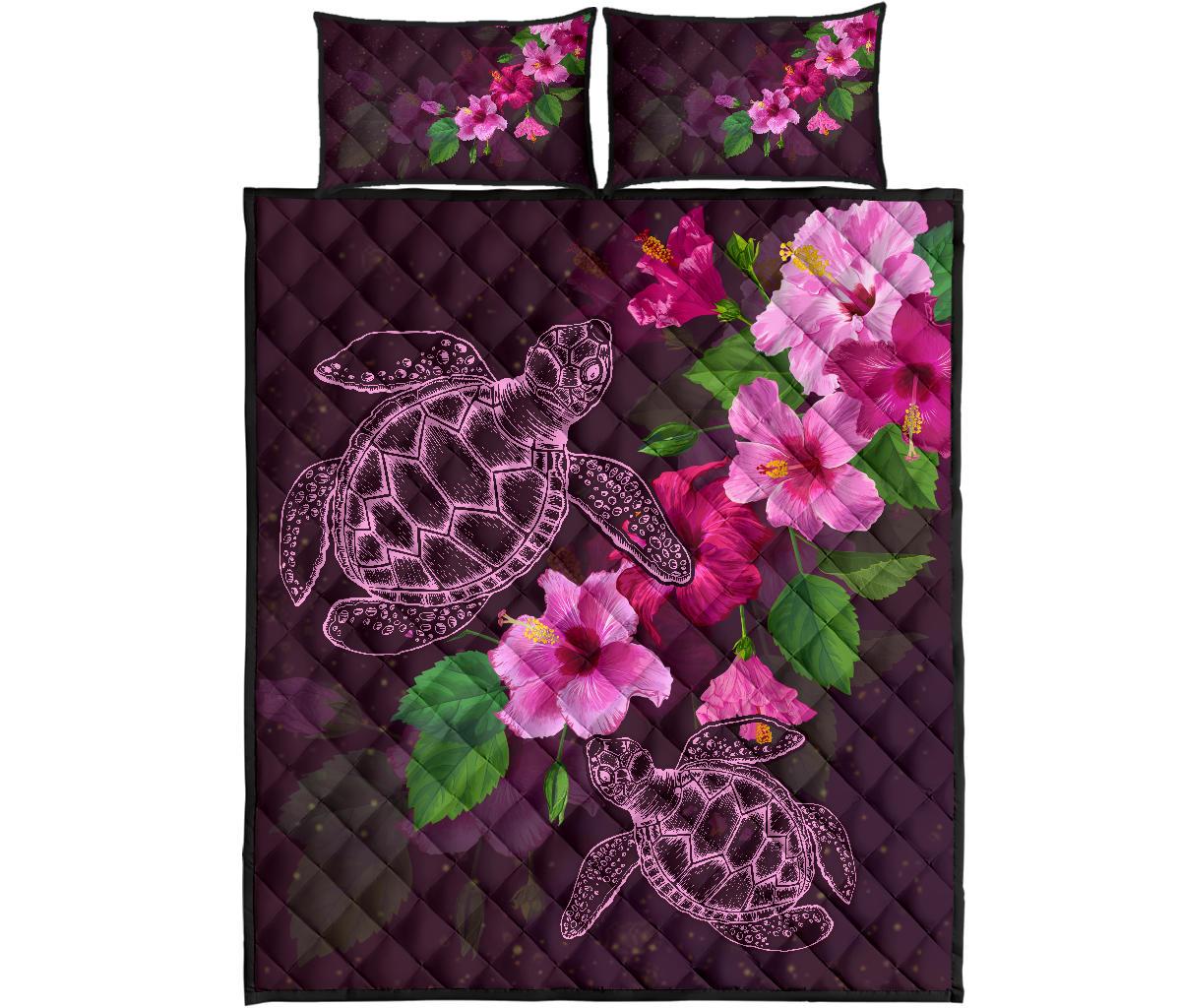 Hawaii Turtle Hibiscus Pink Simple Quilt Bed Set Art - Polynesian Pride