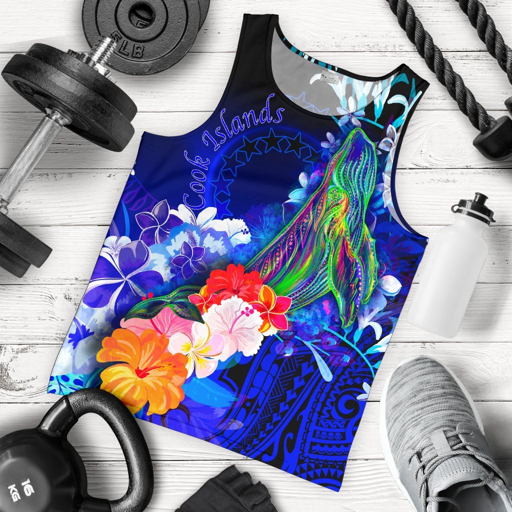 Cook Islands Men's Tank Top - Humpback Whale with Tropical Flowers (Blue) Blue - Polynesian Pride