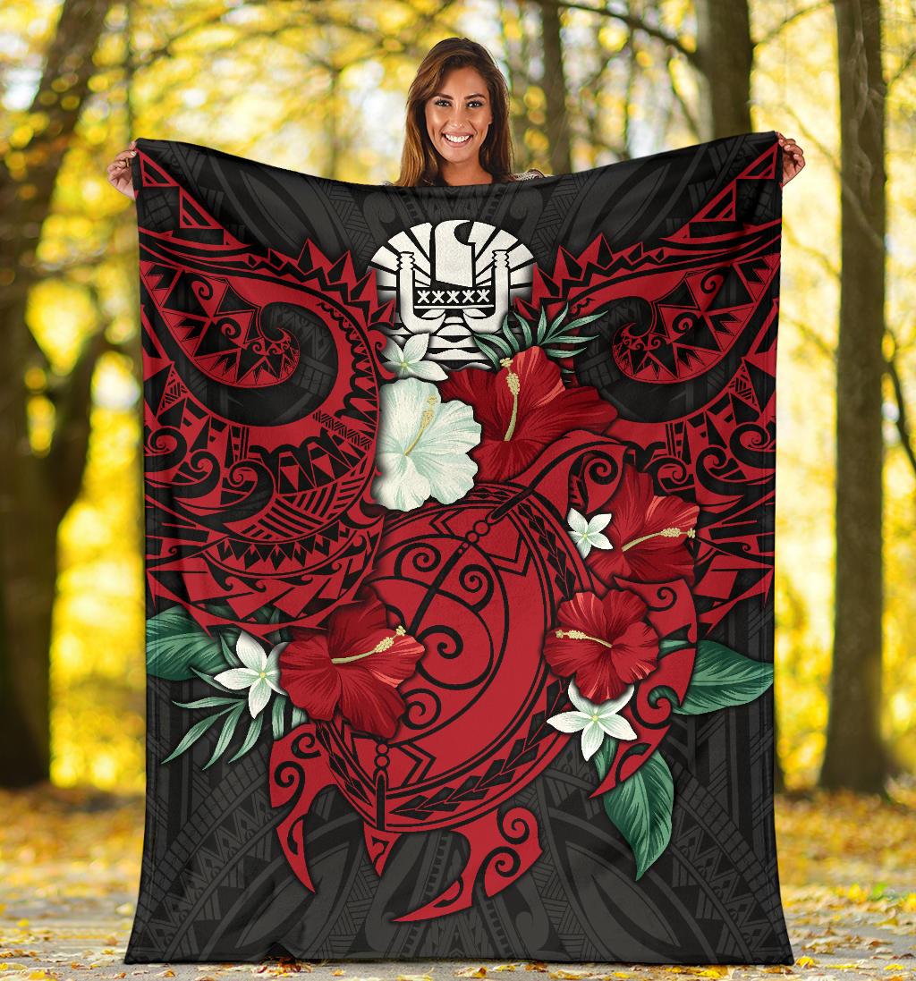 Tahiti Polynesian Premium Blanket - Hibiscus and Sea Turtle (Red) - Polynesian Pride