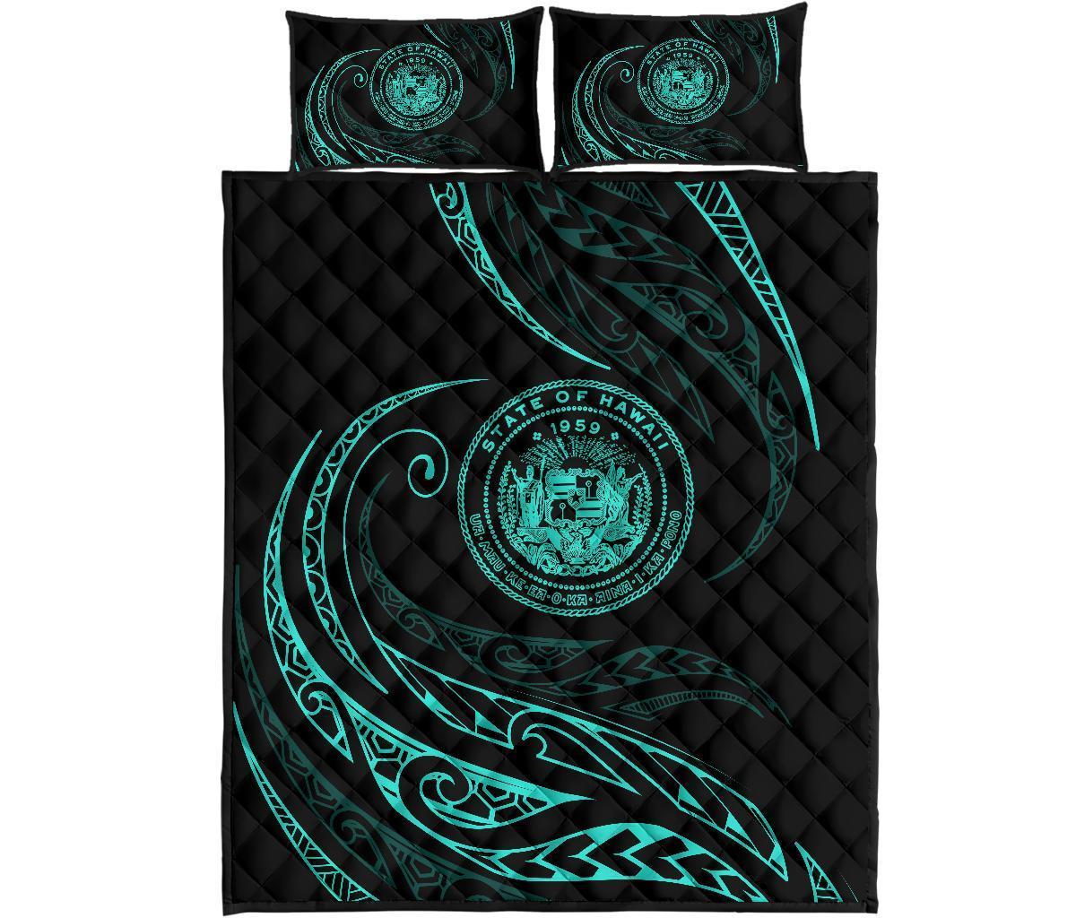 Hawaii Coat Of Arms Quilt Bed Set - Turquoise - Frida Style Black - Polynesian Pride