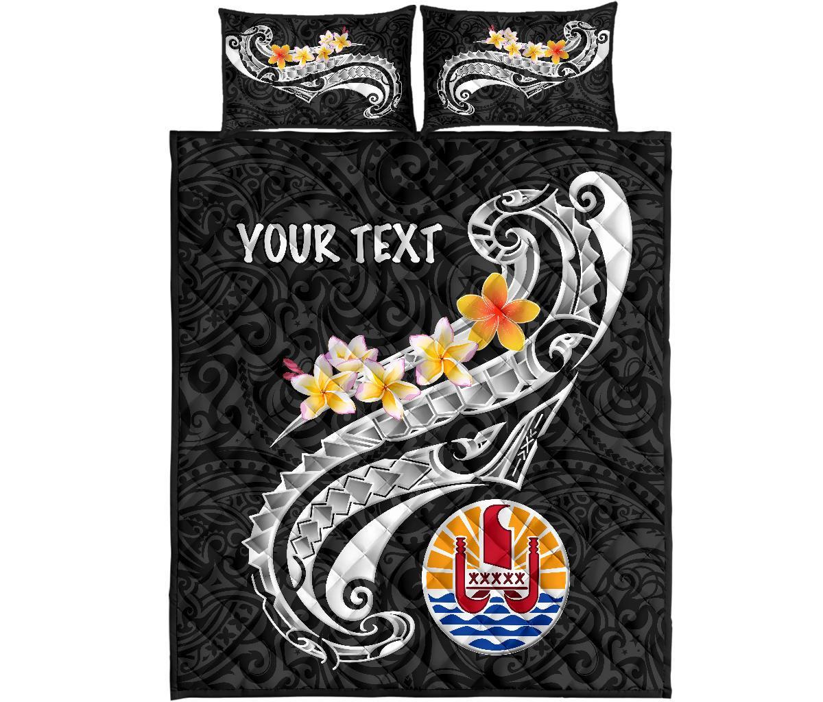 Tahiti Custom Personalised Quilt Bed Set - Tahiti Seal Polynesian Patterns Plumeria (Black) - Polynesian Pride