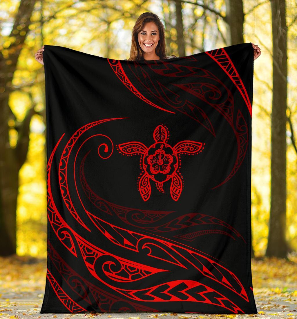 Hawaii Turtle Hibicus Premium Blanket - Frida Style - Red - Polynesian Pride