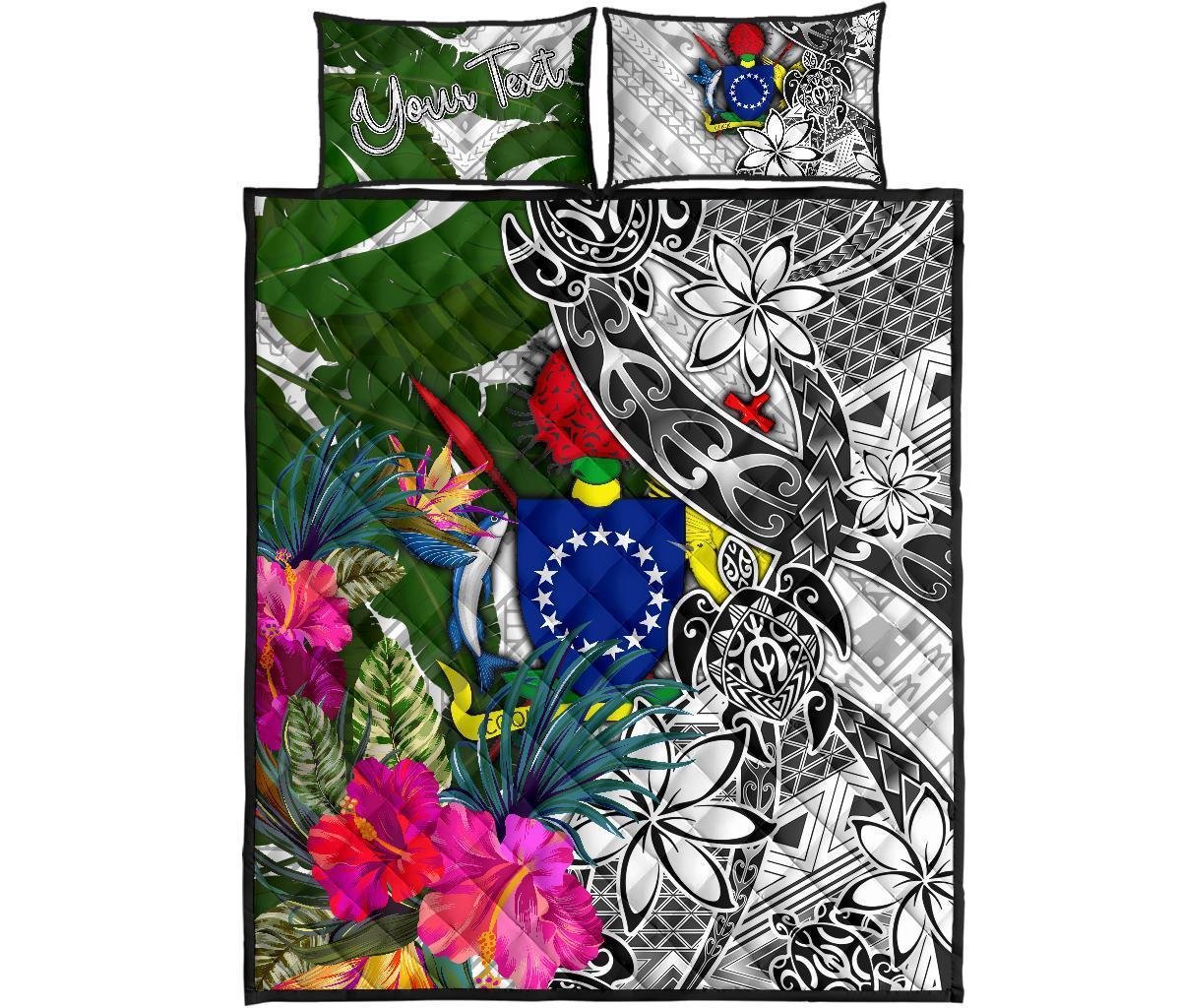 Cook Islands Custom Personalised Quilt Bet Set White - Turtle Plumeria Banana Leaf - Polynesian Pride