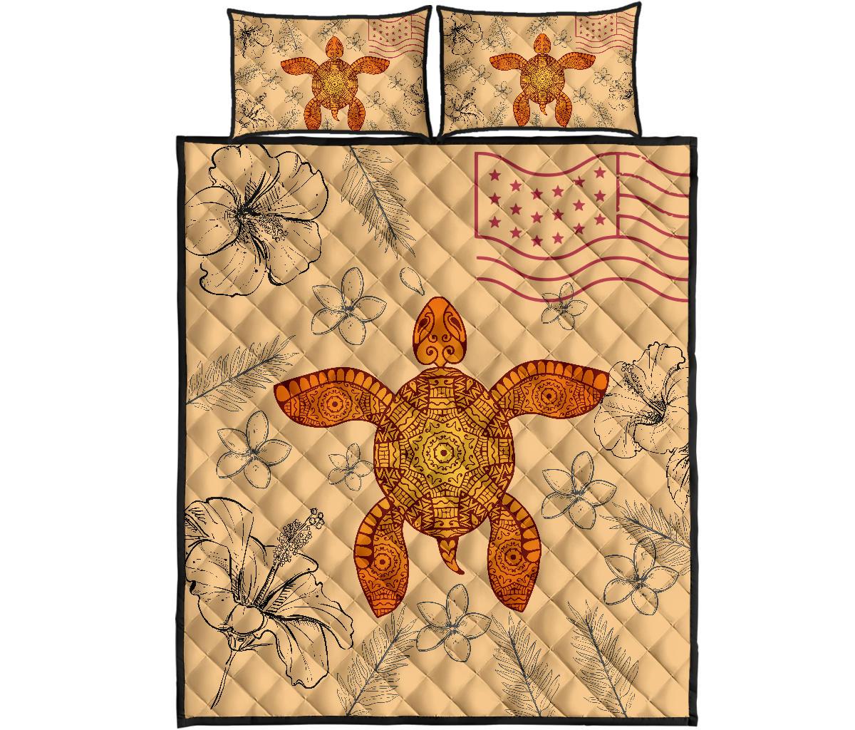 Hawaii Turtle Hibiscus Plumeria Letter Style - Quilt Bed Set AH Yellow - Polynesian Pride