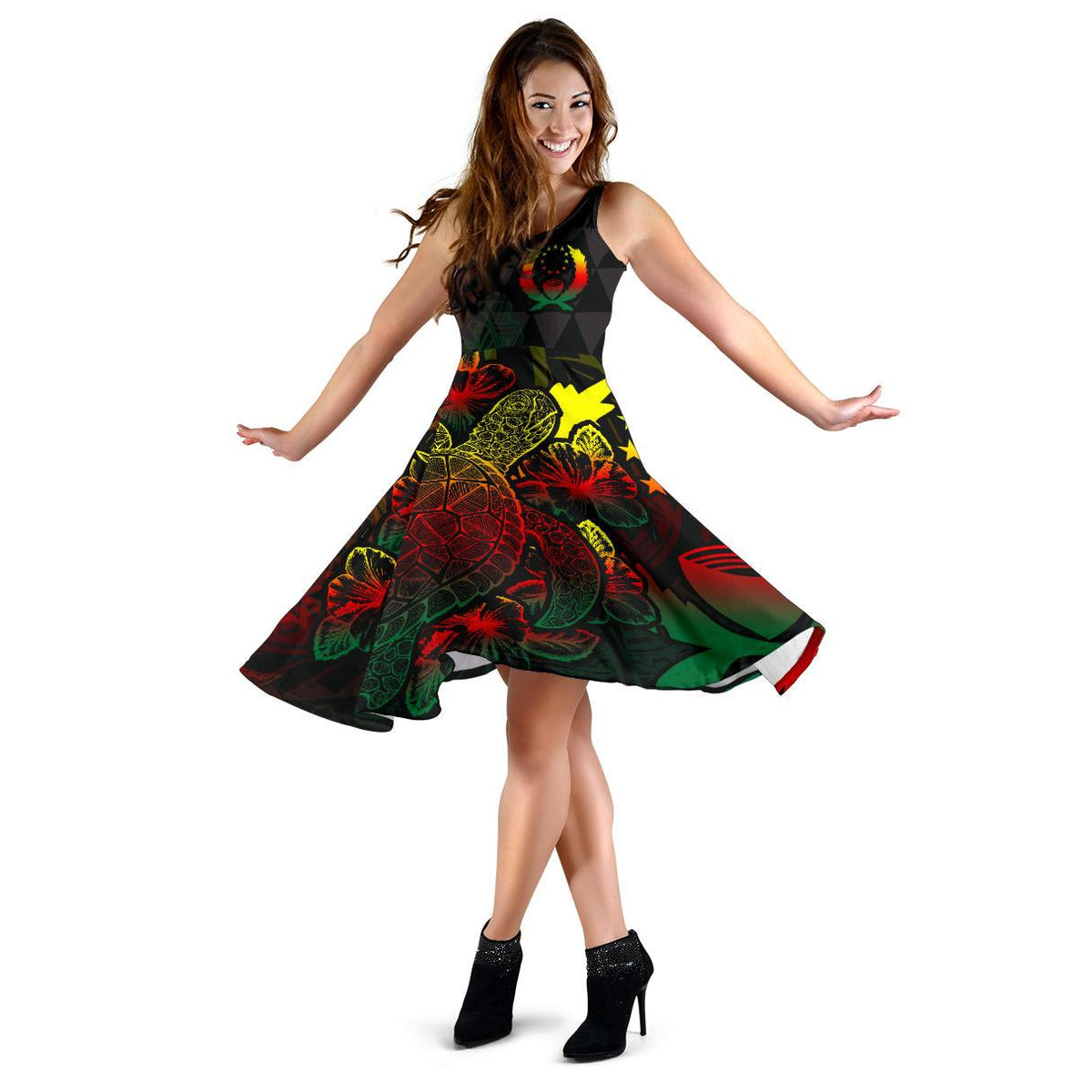 Pohnpei Polynesian Midi Dress - Turtle Hibiscus Reggae - Polynesian Pride