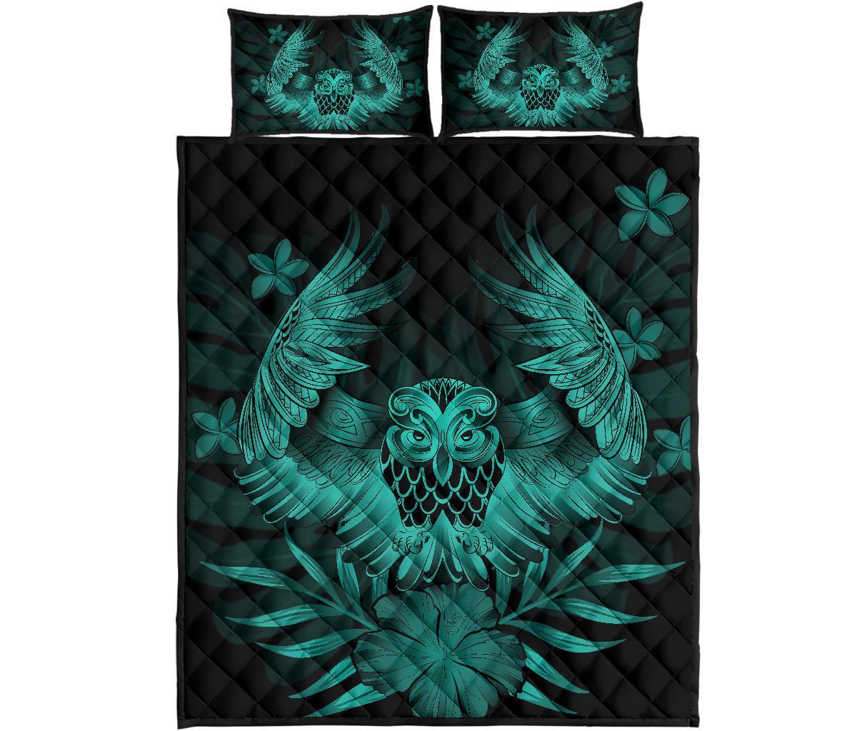 Hawaii Owl Hibiscus Plumeria Quilt Bed Set - Turquoise Turquoise - Polynesian Pride