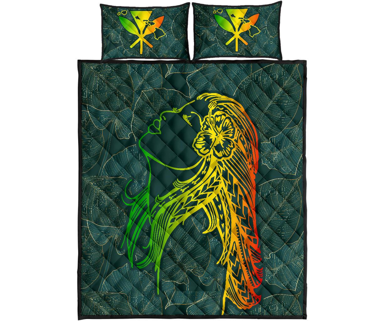 Hawaii Monstera Kalo Hula Girl Kanaka Maoli Quilt Bed Set Green - Polynesian Pride