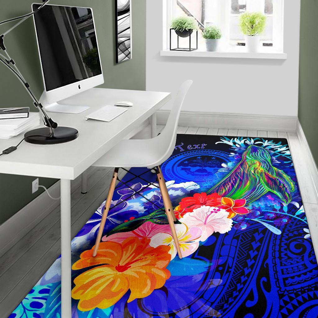 Federated States of Micronesia Custom Personalised Area Rug - Humpback Whale with Tropical Flowers (Blue) - Polynesian Pride