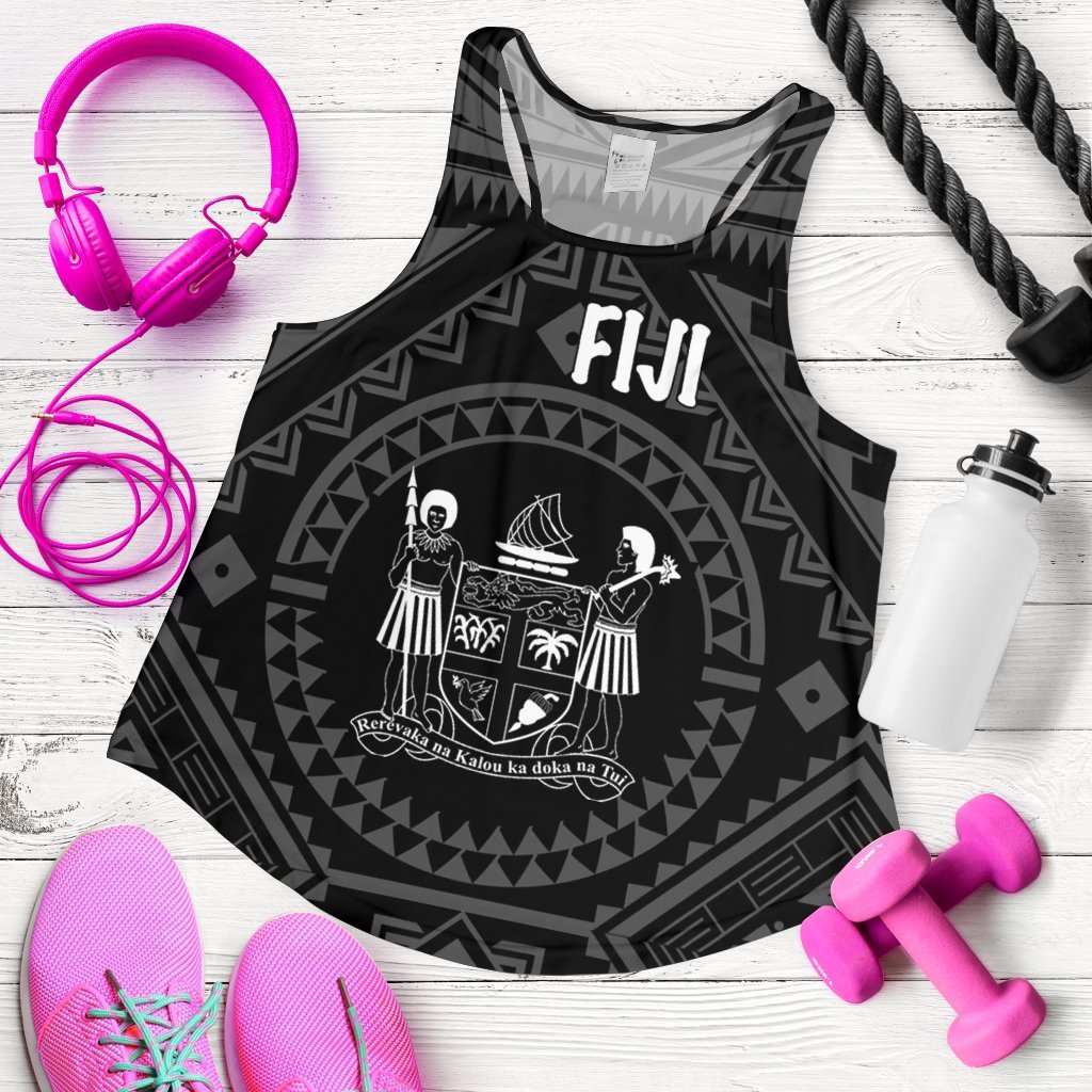 Fiji Women's Racerback Tank - Fiji Seal With Polynesian Tattoo Style (Black) - Polynesian Pride