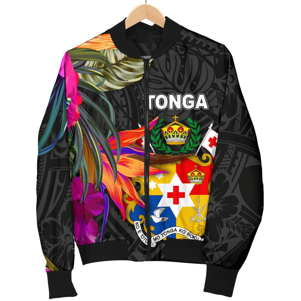 Tonga Men's Bomber Jacket - Polynesian Hibiscus Pattern Black - Polynesian Pride