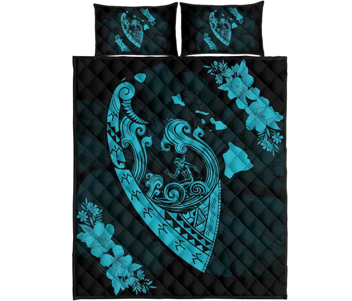 Hawaii Hibiscus Banzai Surfing Quilt Bed Set Blue Blue - Polynesian Pride