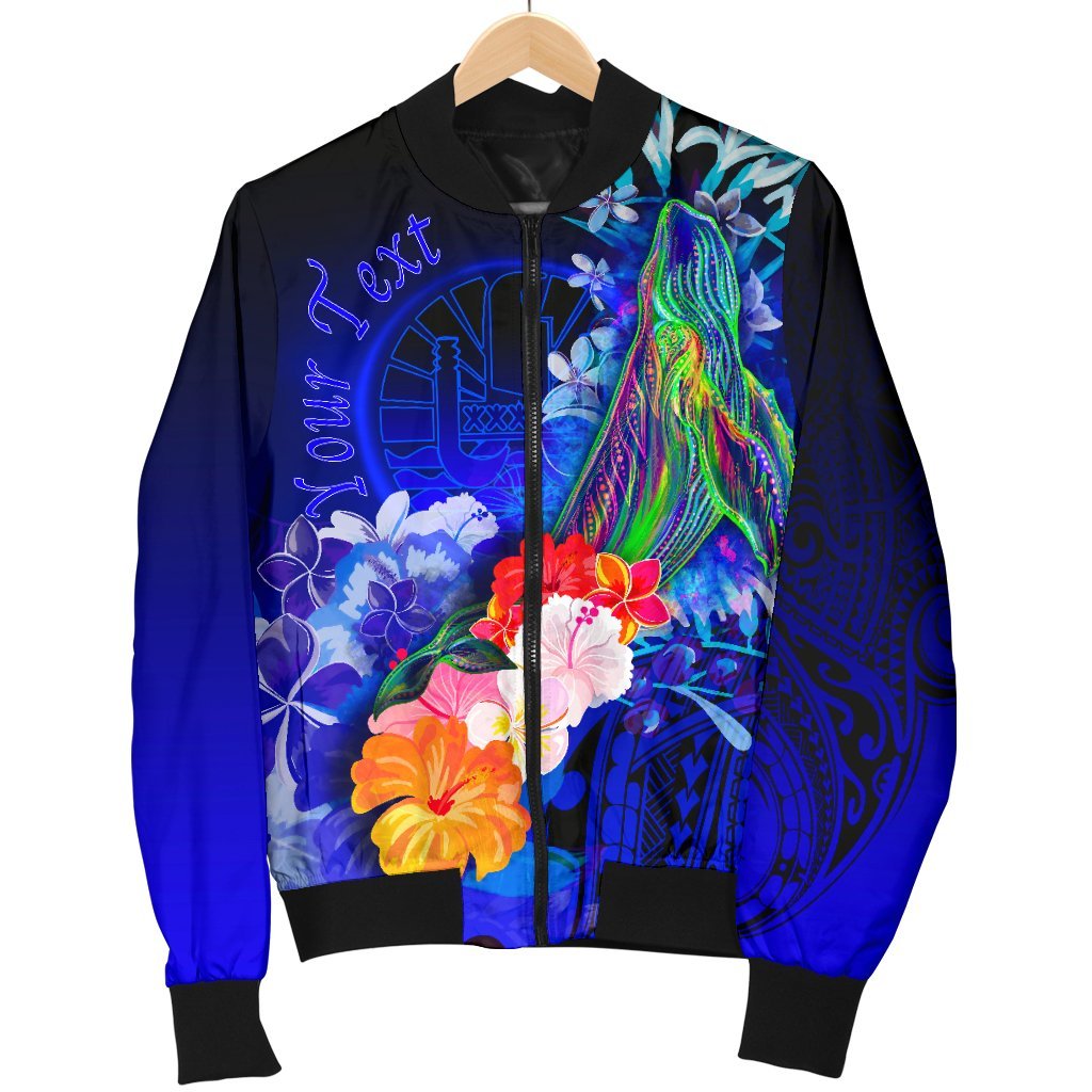 Tahiti Custom Personalised Men's Bomber Jacket - Humpback Whale with Tropical Flowers (Blue) - Polynesian Pride