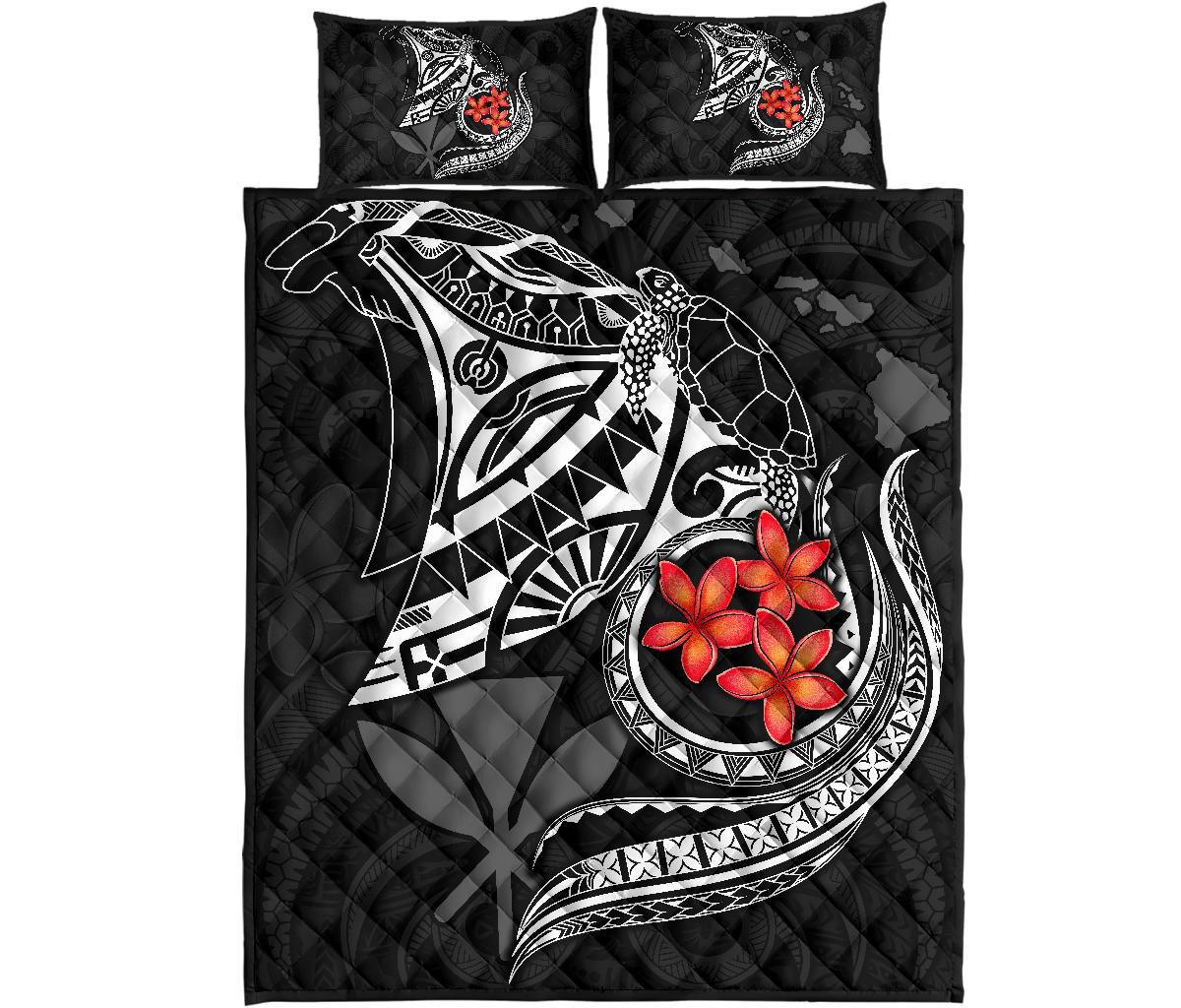 Hawaiian Polynesian Quilt Bed Set - Kanaka Maoli & White Manta Ray Turtle Tentacle - Polynesian Pride