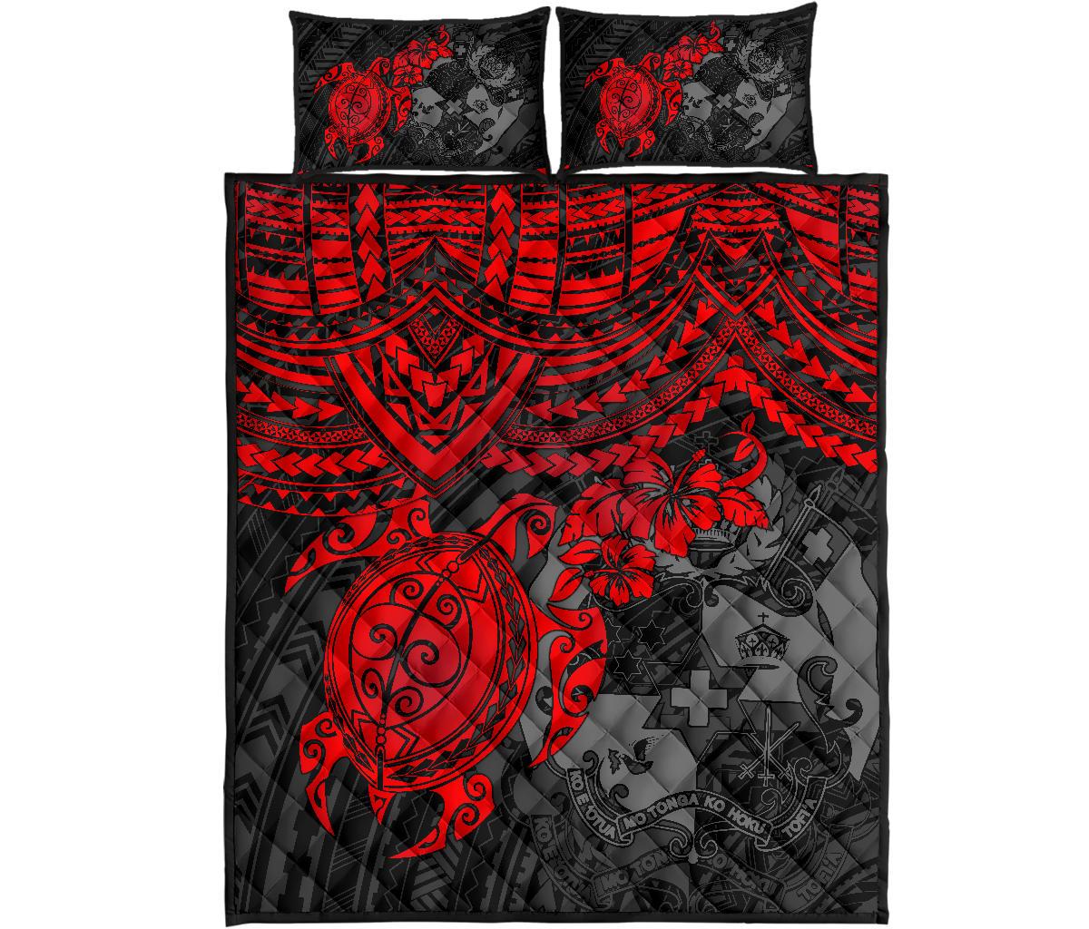 Tonga Polynesian Quilt Bed Set - Tonga Coat Of Arms & Red Turtle Hibiscus - Polynesian Pride
