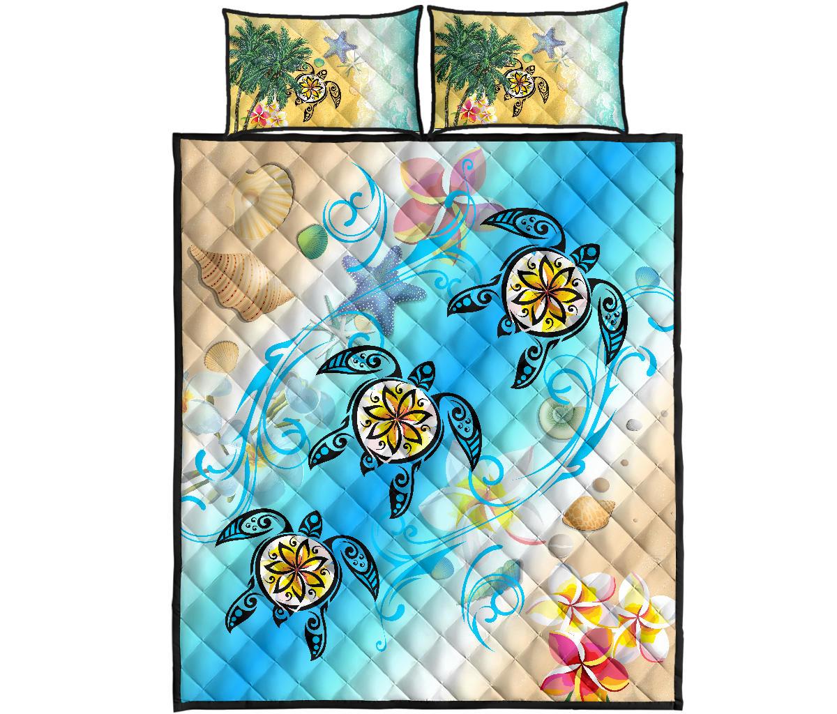 Hawaii Fresh Beach Turtle Plumeria Quilt Bed Set - AH - Brian Style Blue - Polynesian Pride