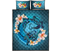 Tonga Polynesian Quilt Bed Set - Blue Plumeria Animal Tattoo - Polynesian Pride