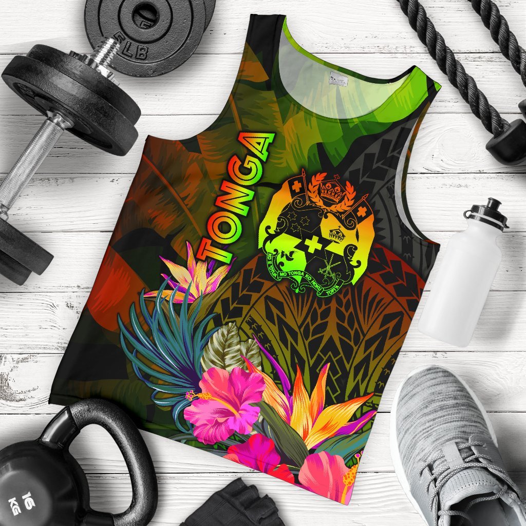 Tonga Polynesian Men's Tank Top - Hibiscus and Banana Leaves Reggae - Polynesian Pride