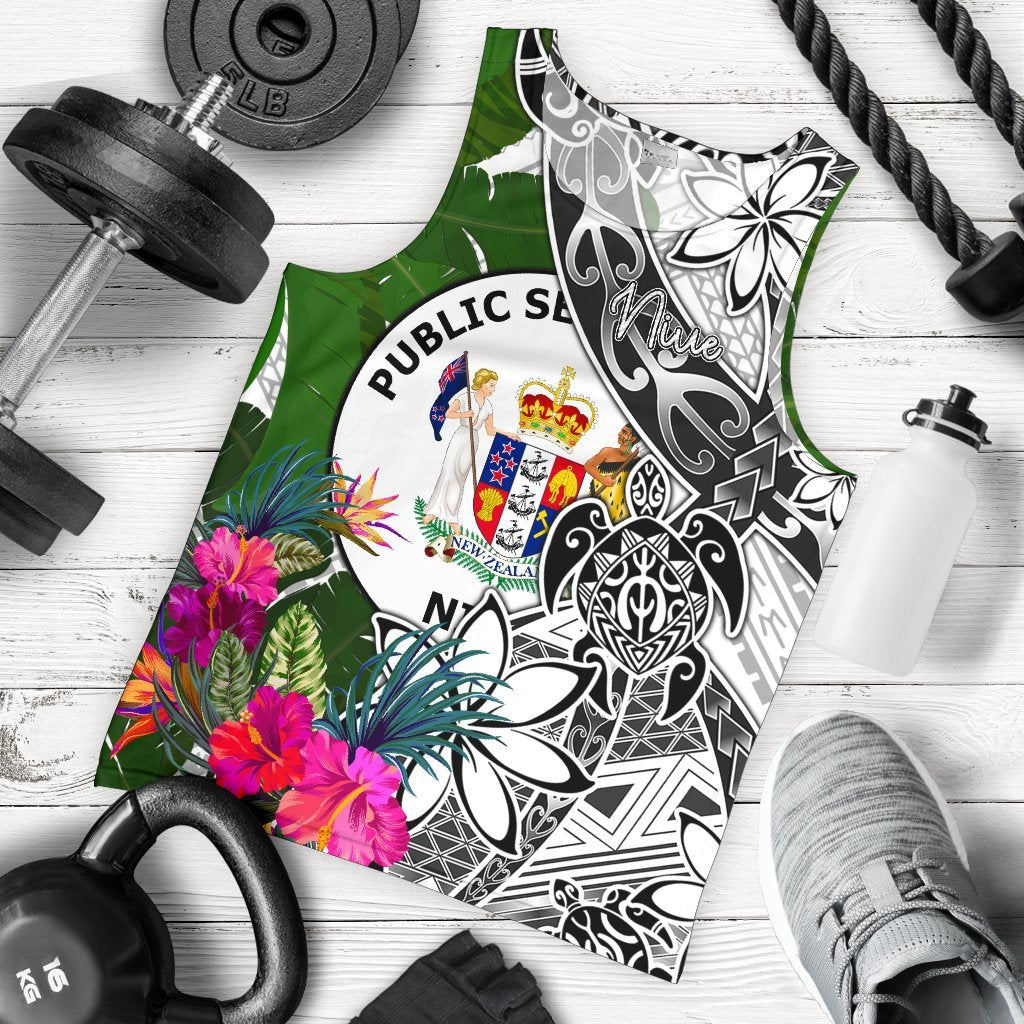 Niue Men's Tank Top White - Turtle Plumeria Banana Leaf White - Polynesian Pride