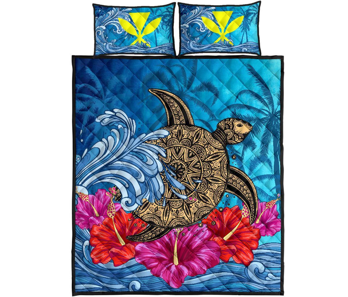 Hawaii Sea Turtle Hibiscus Coconut Tree Quilt Bed Set Blue - Polynesian Pride