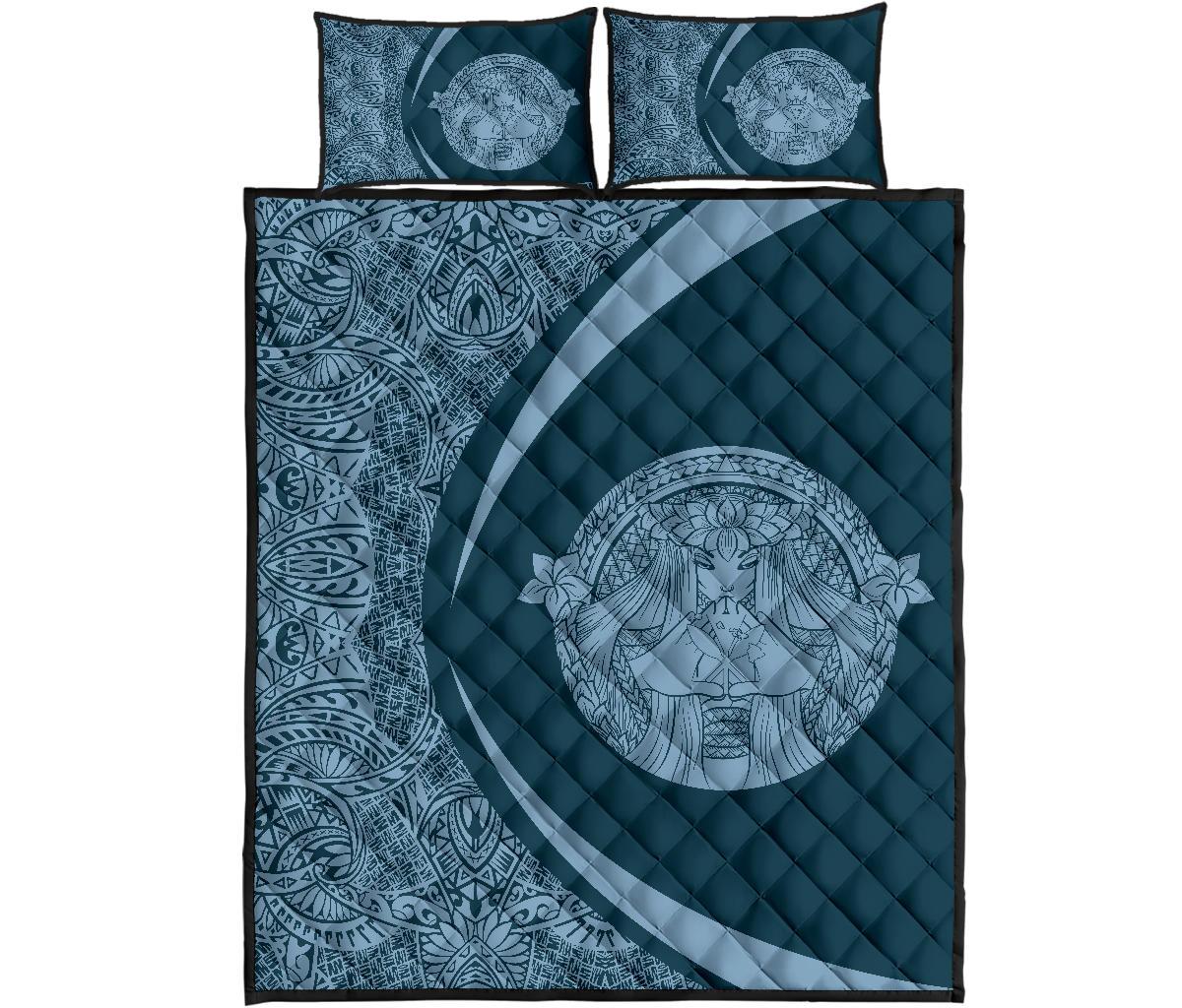 Hawaii Polynesian Pele Kanaka Quilt Bed Set Circle Style Blue And Black Blue - Polynesian Pride