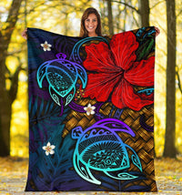 Hawaii Lauhala Hibiscus Polynesian Tropical Blue Premium Blanket - Wake Style - AH - Polynesian Pride