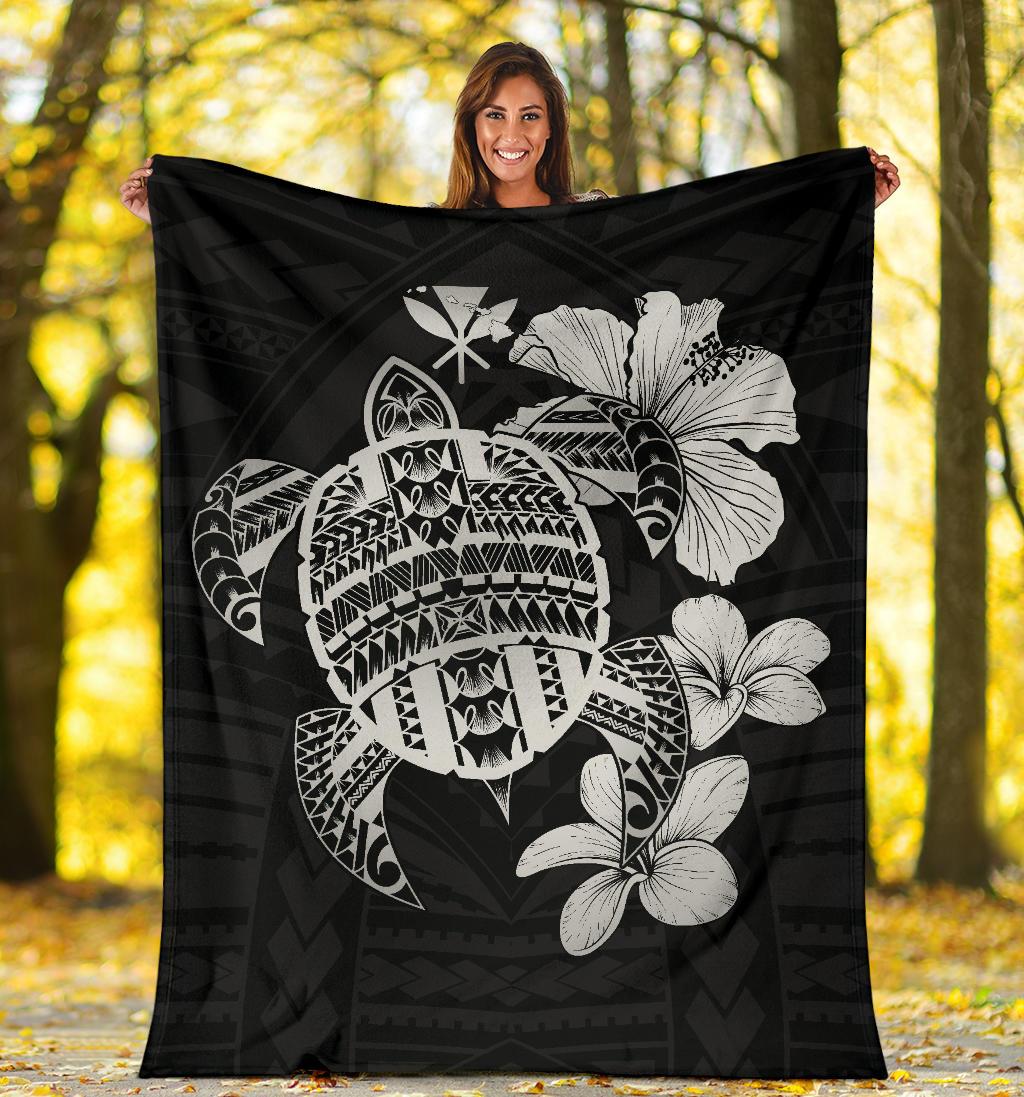 Hawaiian Kanaka Hibiscus Plumeria Mix Polynesian Turtle Premium Blanket Gray AH White - Polynesian Pride