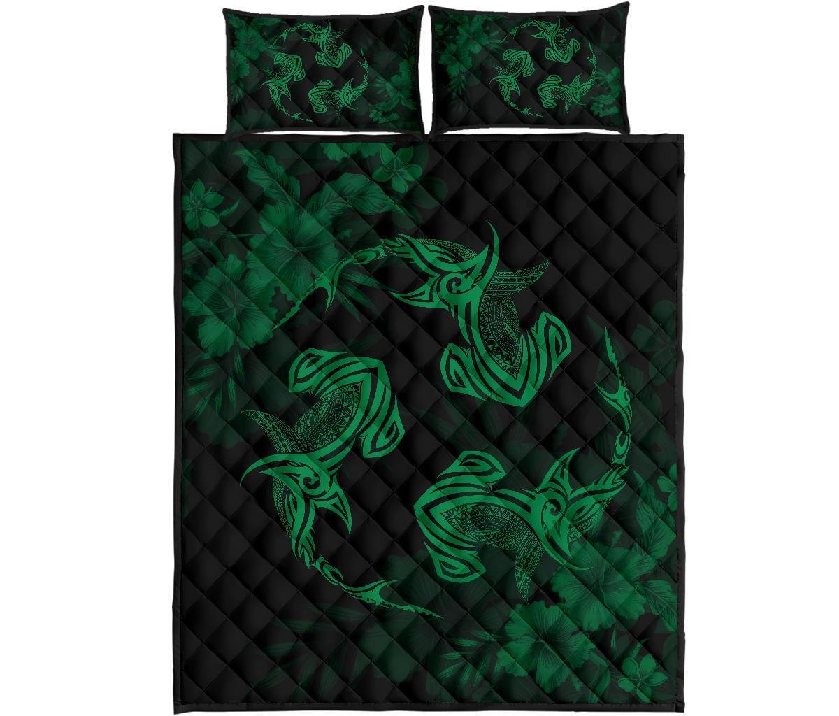 Hawaii Head Hammer Shark Hibiscus Green Quilt Bed Set Green - Polynesian Pride