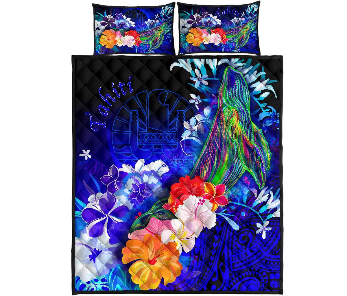 Tahiti Quilt Bed Set - Humpback Whale with Tropical Flowers (Blue) - Polynesian Pride