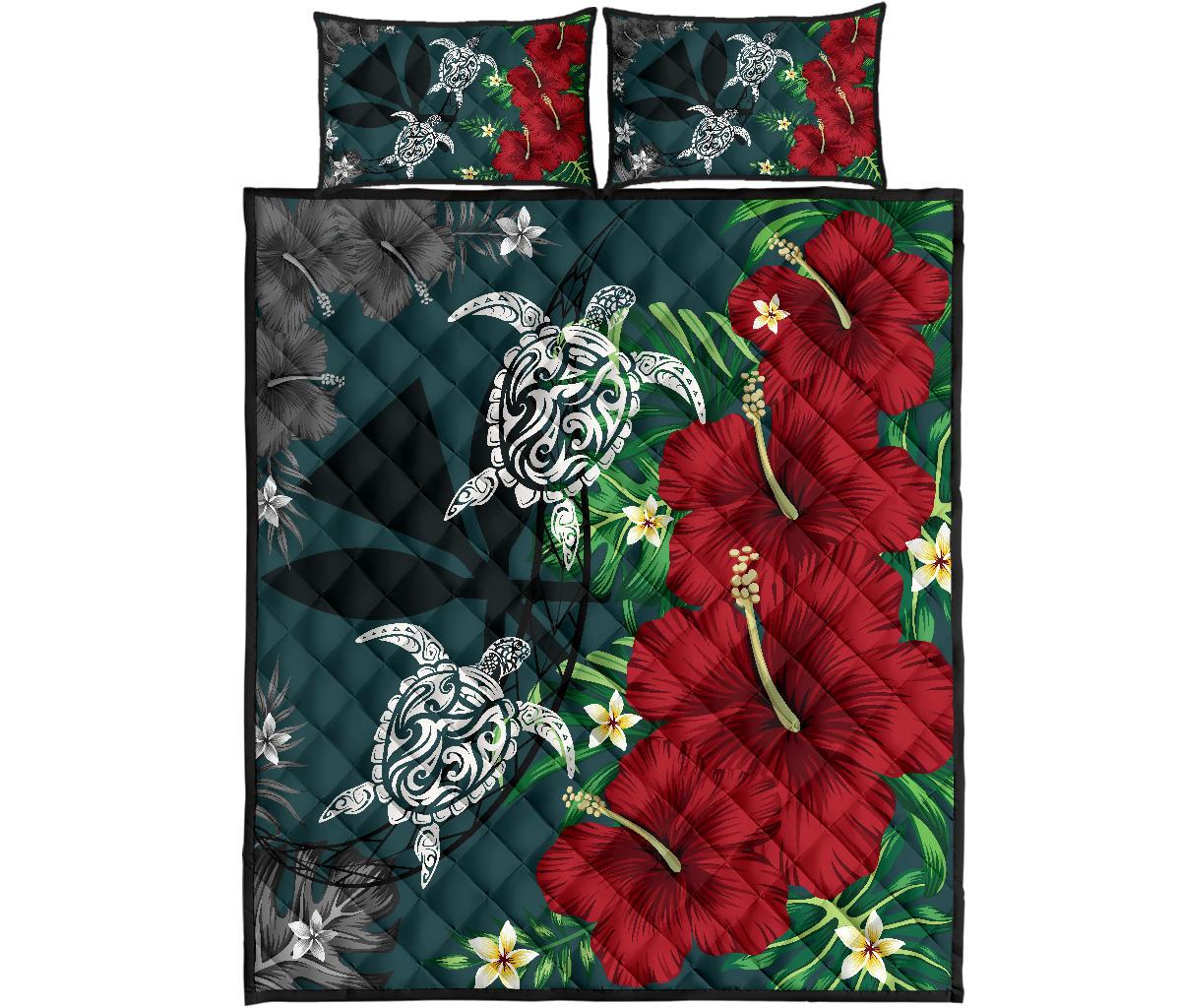 Hawaii Map Turtle Hibiscus Plumeria Polynesian - Quilt Bed Set AH Green - Polynesian Pride