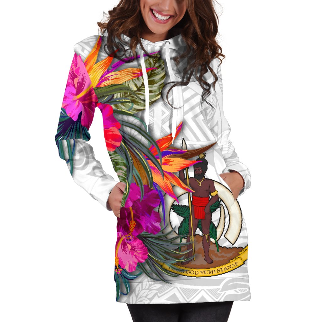 Vanuatu Women's Hoodie Dress Polynesian Hibiscus White Pattern - Polynesian Pride