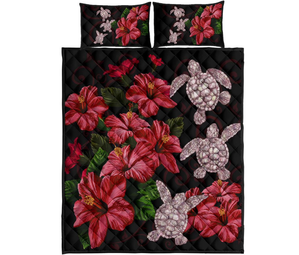 Hawaii Red Hibiscus Turtle Quilt Bed Set - AH - Ray Style Black - Polynesian Pride